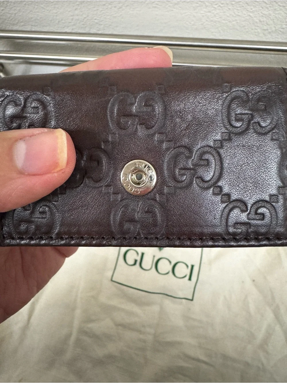Gucci Brown Leather Key Case with Silver GG Logo with Certificate